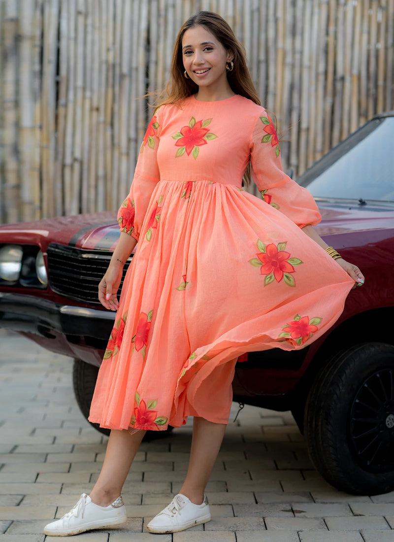 Vegaa Fashion Peach Rayon Kota Checks Digital Print Kurti