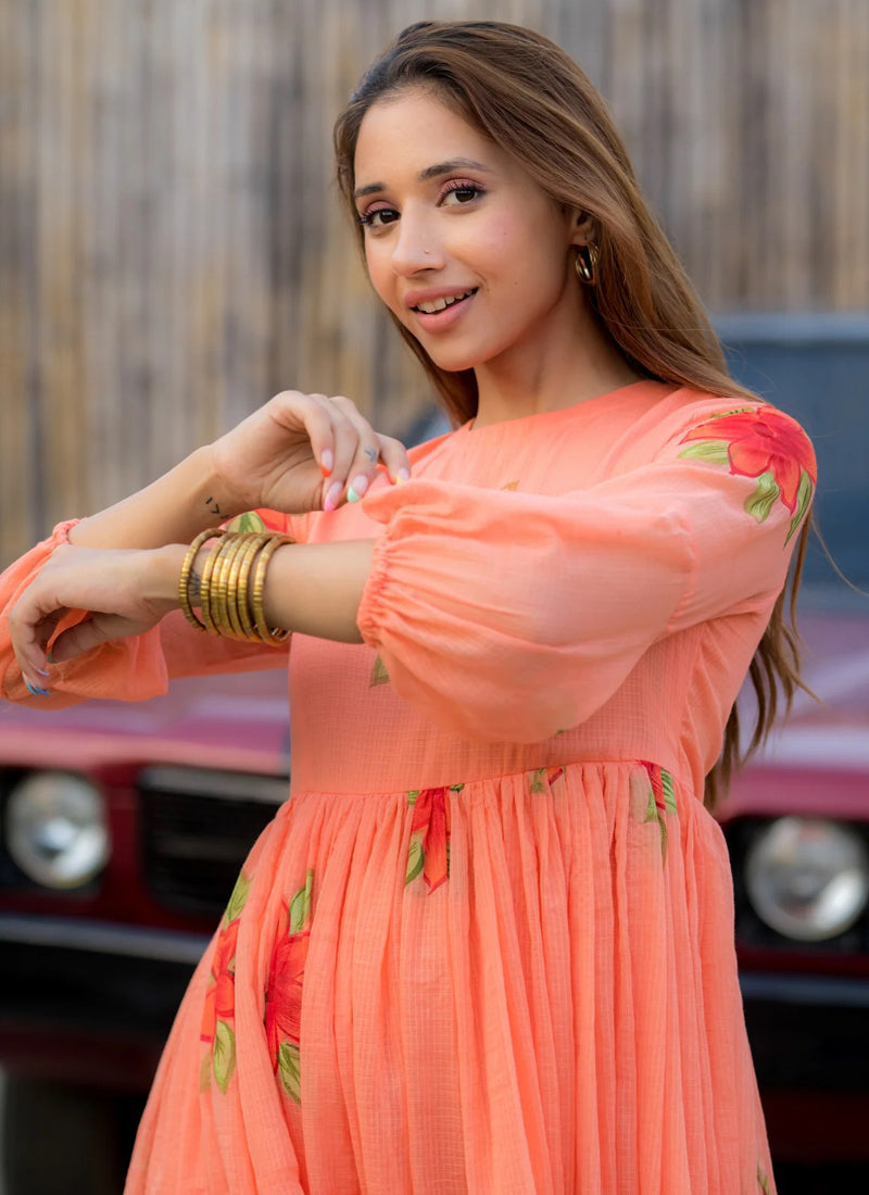 Vegaa Fashion Peach Rayon Kota Checks Digital Print Kurti