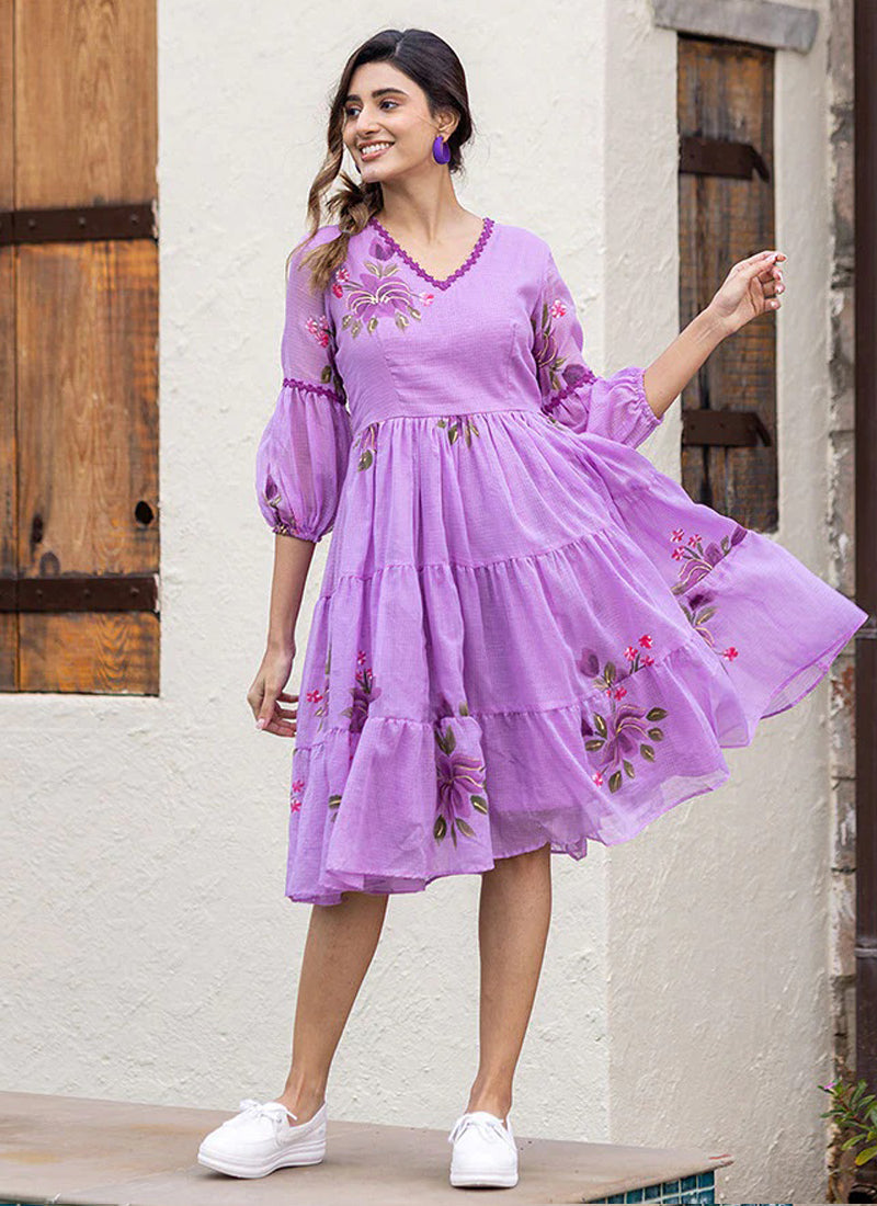 Vegaa Fashion Lavender Rayon Kota Checks Digital Print Kurti