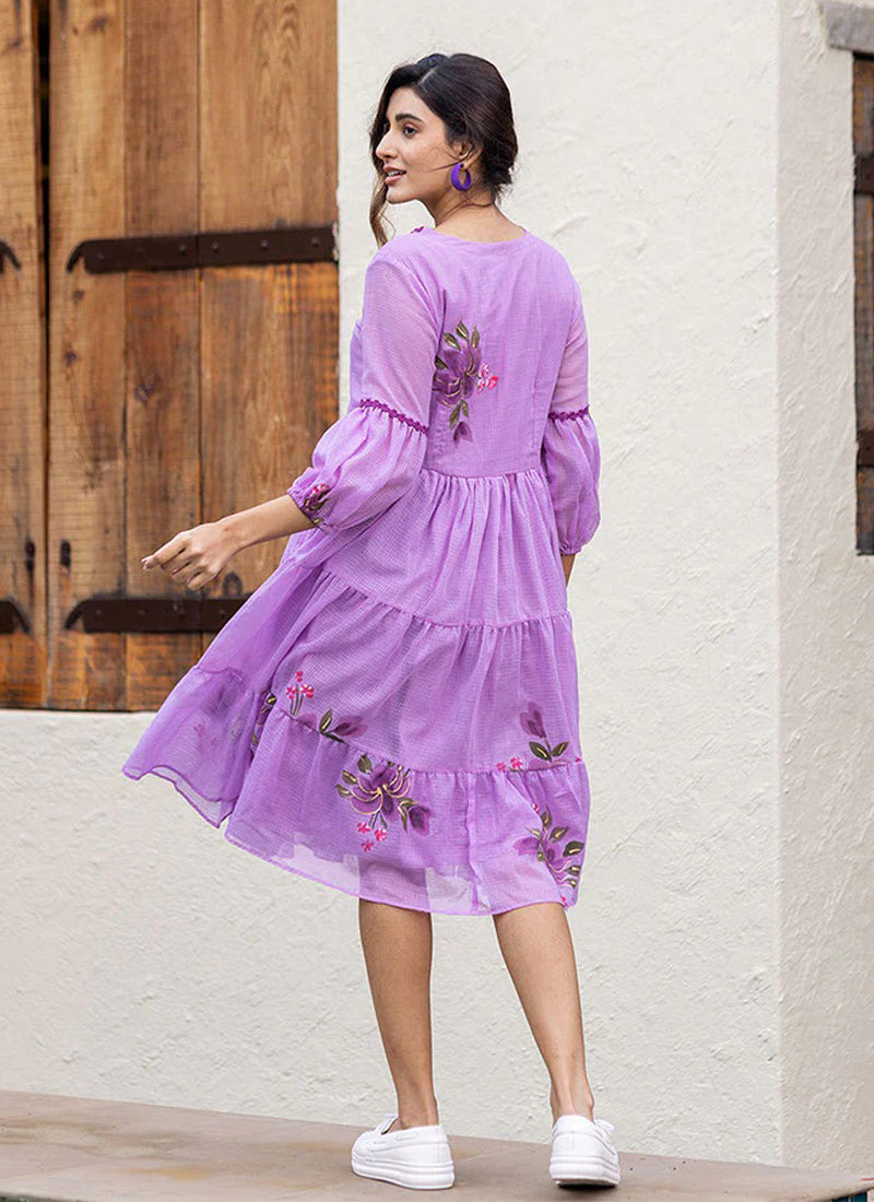 Vegaa Fashion Lavender Rayon Kota Checks Digital Print Kurti