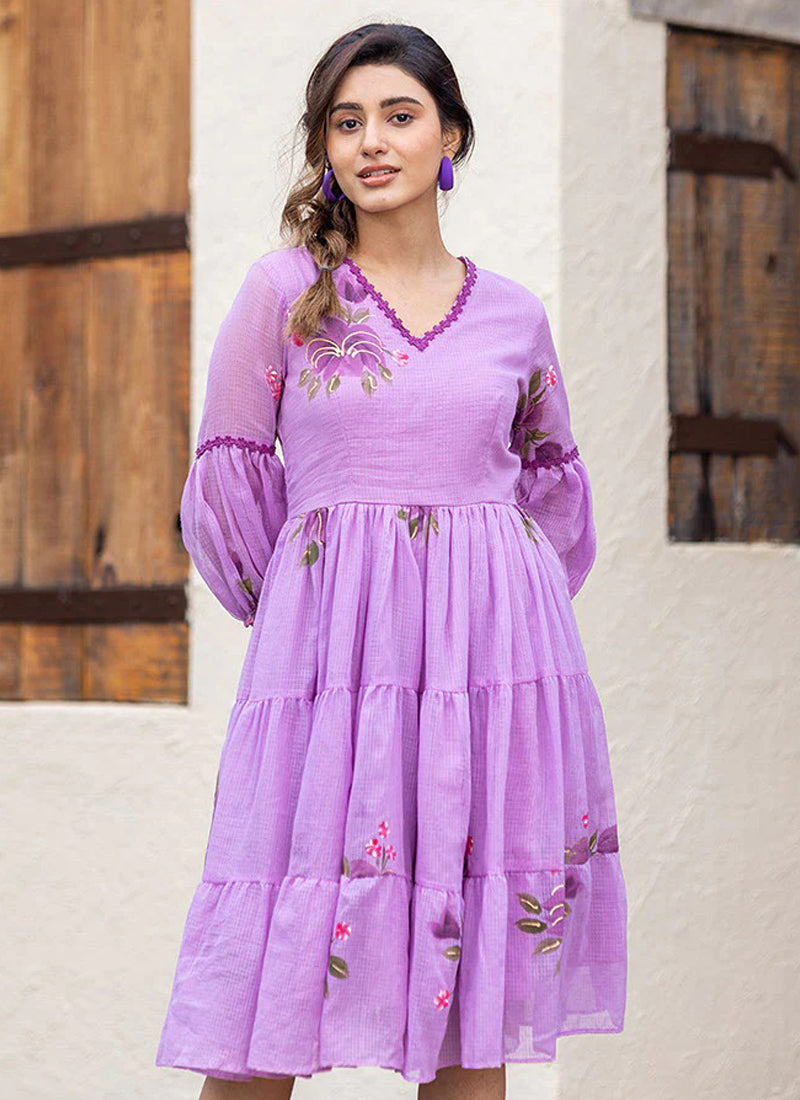 Vegaa Fashion Lavender Rayon Kota Checks Digital Print Kurti
