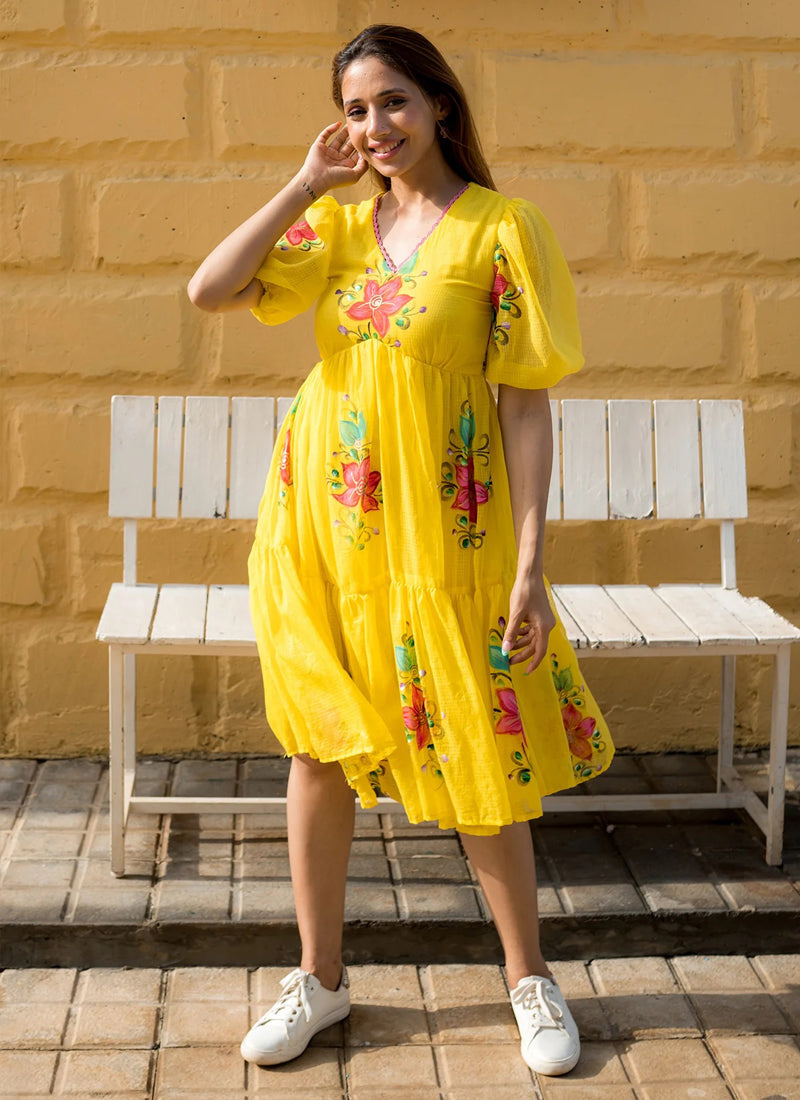 Vegaa Fashion Yellow Rayon Kota Checks Digital Print Kurti