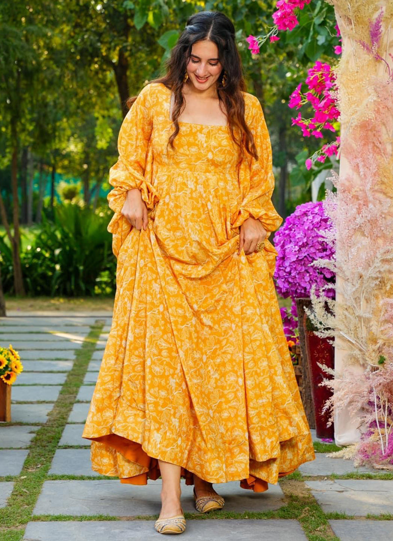 Vegaa Fashion Yellow Georgette Digital Print Designer Gown For Festive