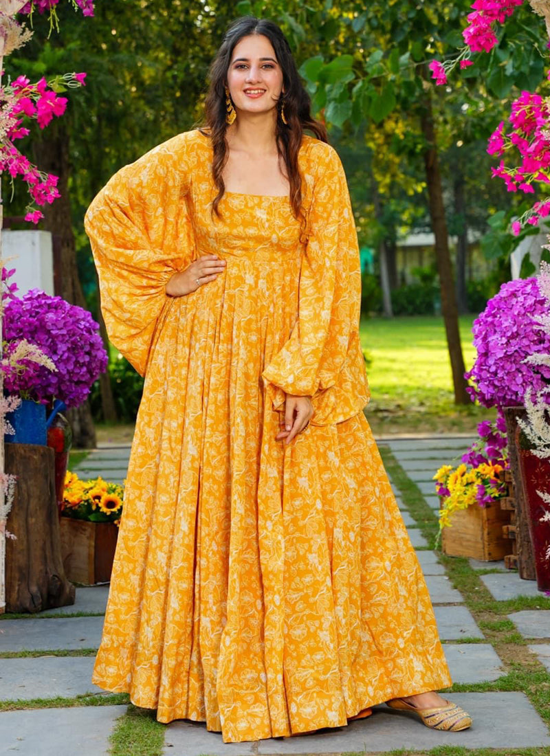 Vegaa Fashion Yellow Georgette Digital Print Designer Gown For Festive