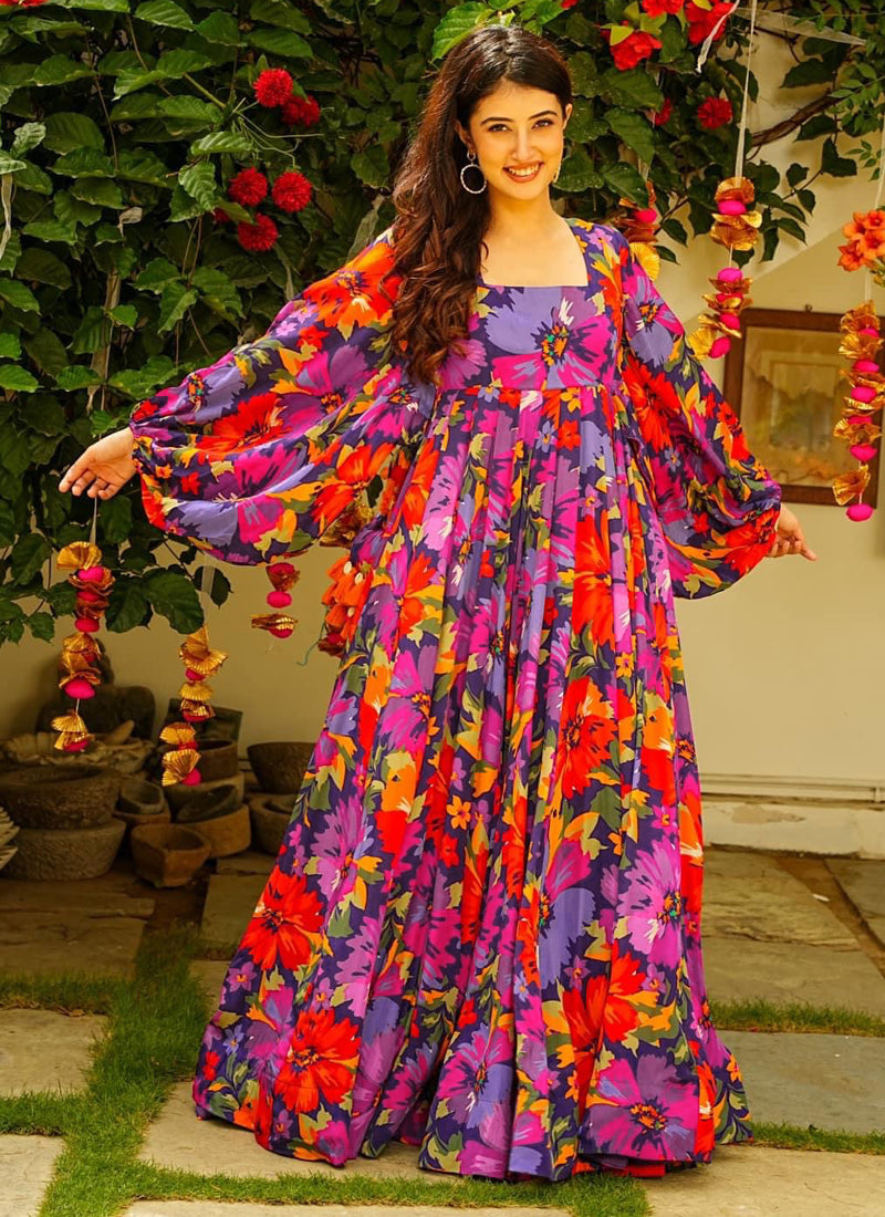 Vegaa Fashion Multi Color Georgette Digital Print Designer Gown For Festive