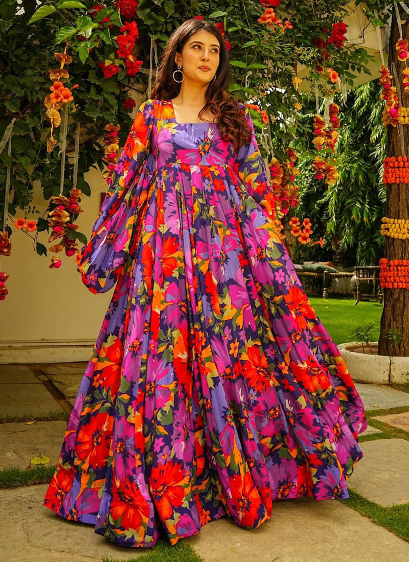 Vegaa Fashion Multi Color Georgette Digital Print Designer Gown For Festive