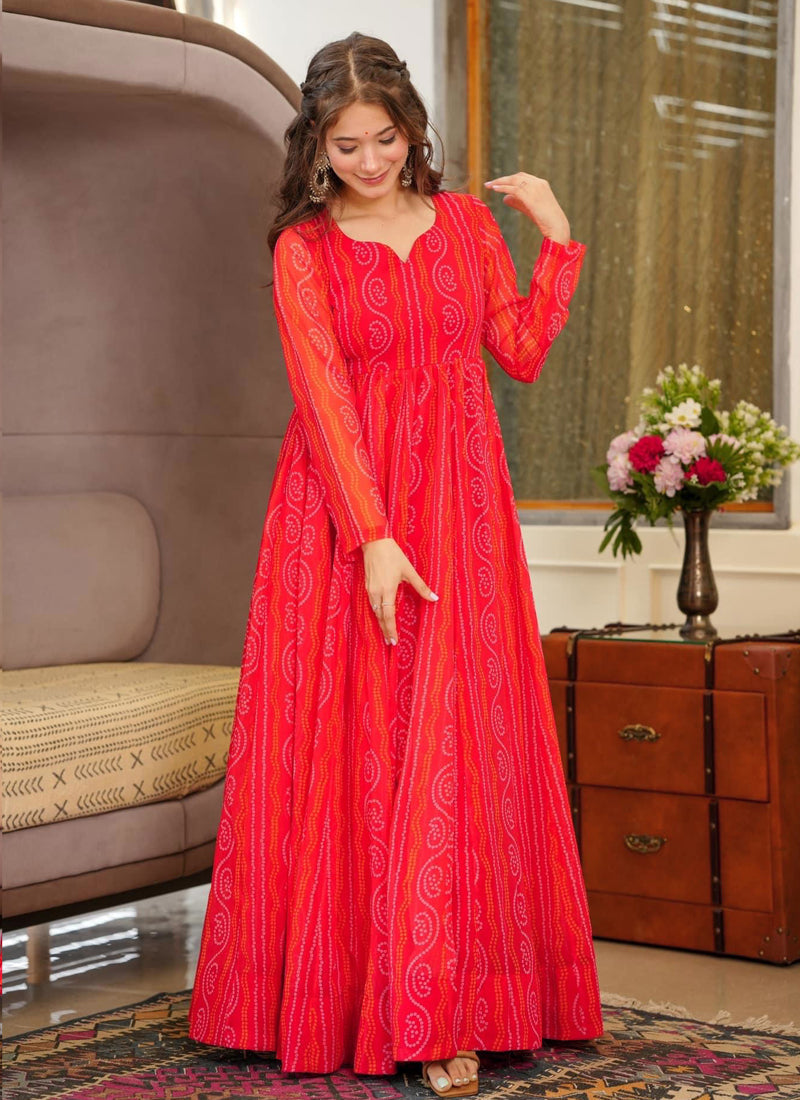 Vegaa Fashion Red Georgette Digital Print Designer Gown For Festive