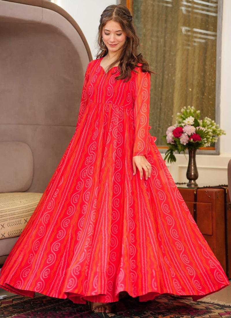 Vegaa Fashion Red Georgette Digital Print Designer Gown For Festive