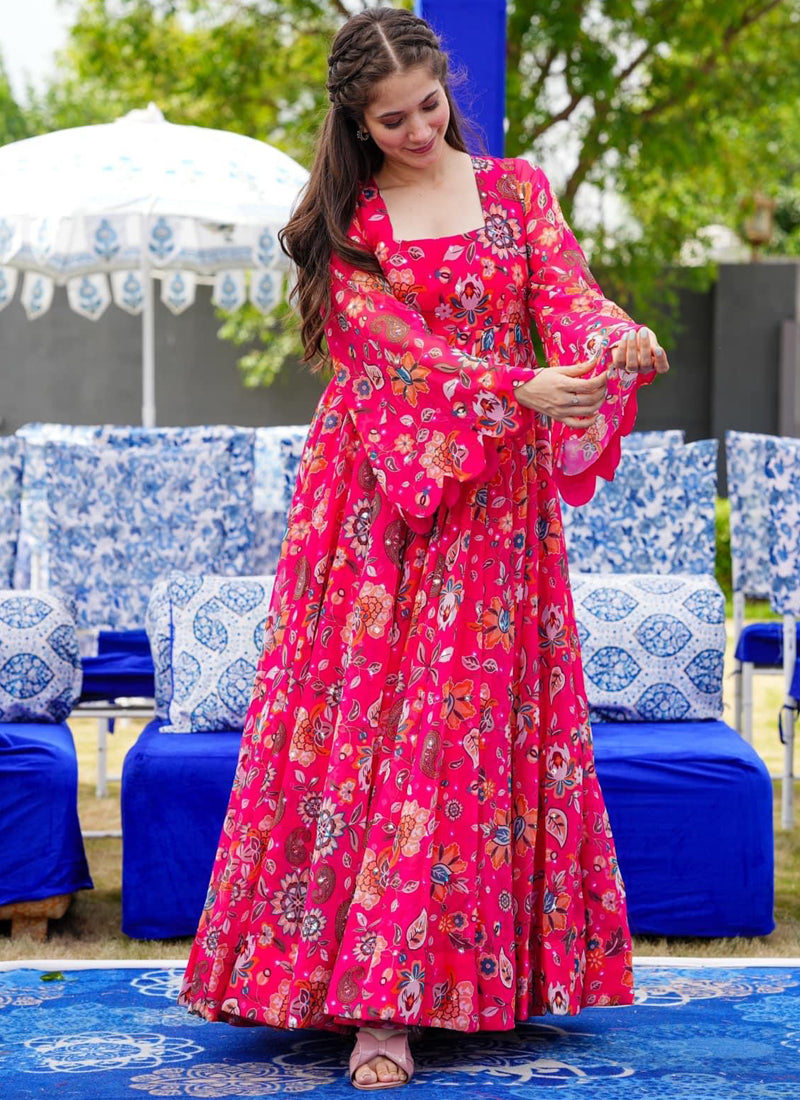 Vegaa Fashion Pink Georgette Digital Print Designer Gown For Festive