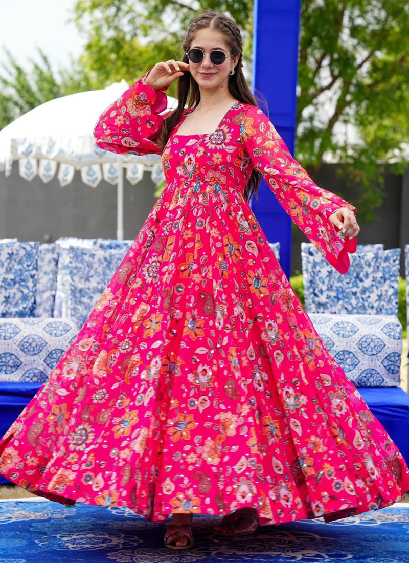 Vegaa Fashion Pink Georgette Digital Print Designer Gown For Festive