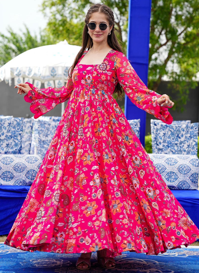 Vegaa Fashion Pink Georgette Digital Print Designer Gown For Festive