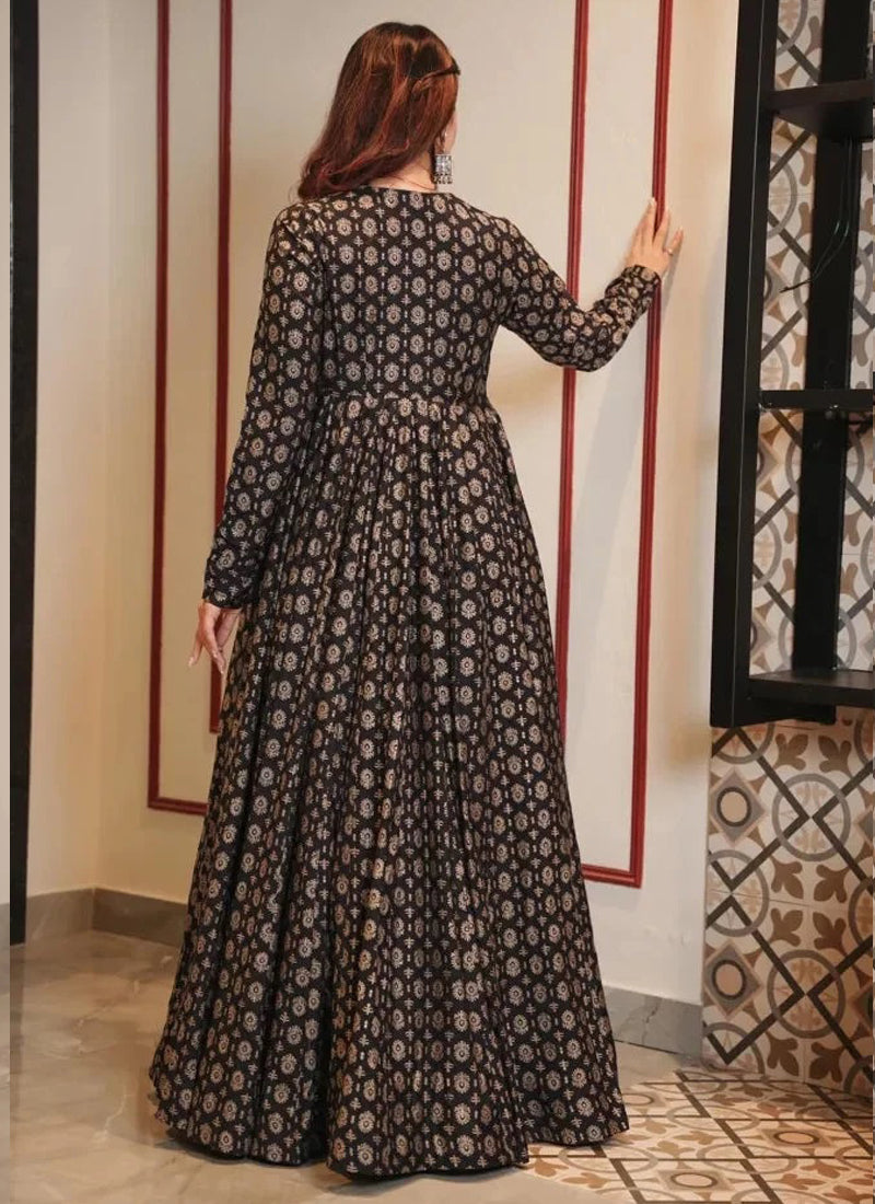 Vegaa Fashion Coal Black Muslin Digital Print Indo Western Gown For Wedding