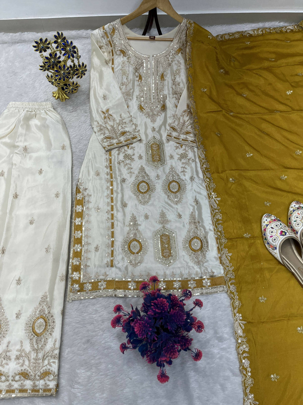 Teeya Creation White Color Chinon Silk Party Wear Trending Palazzo Set