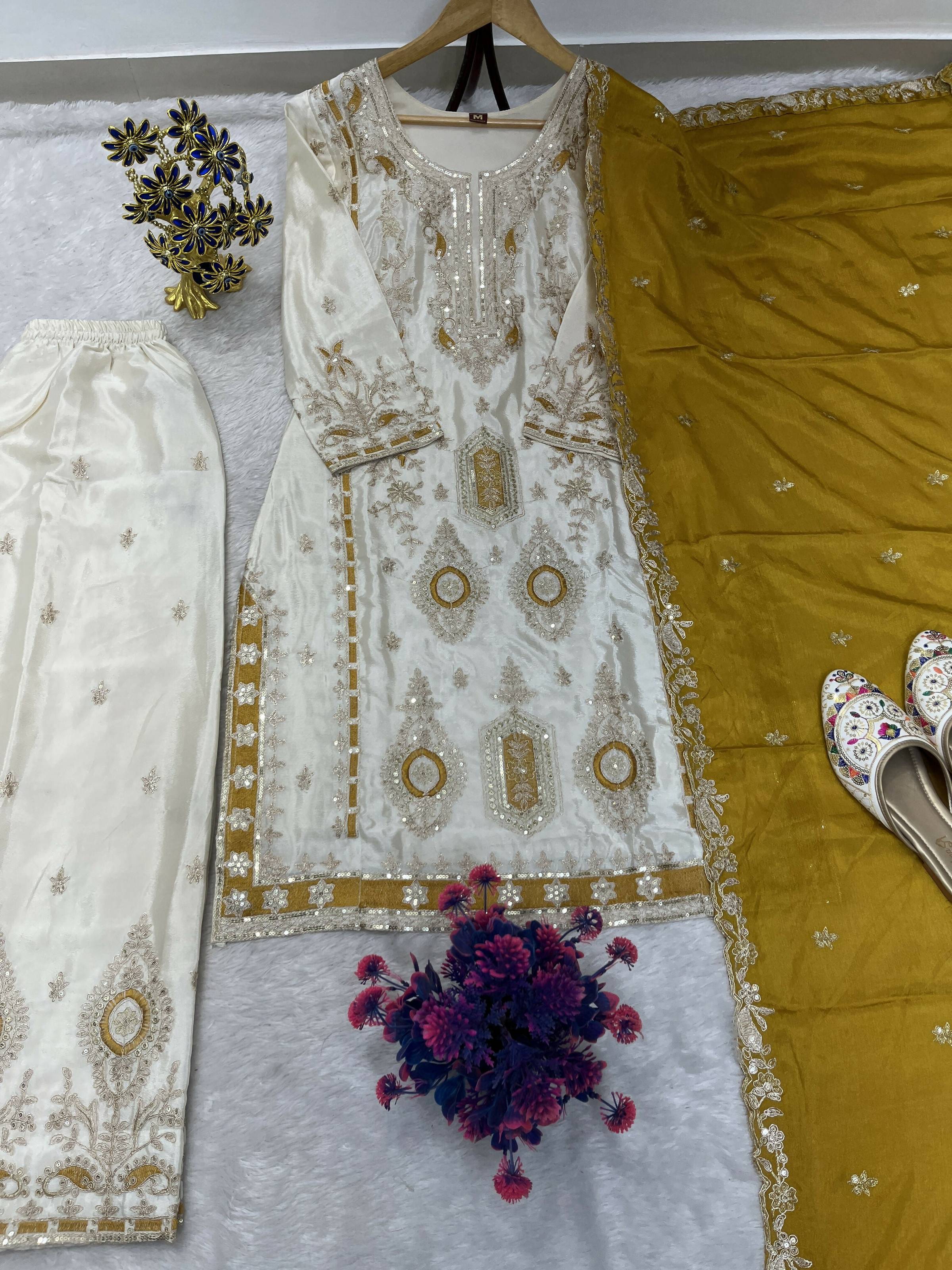 Teeya Creation White Color Chinon Silk Party Wear Trending Palazzo Set
