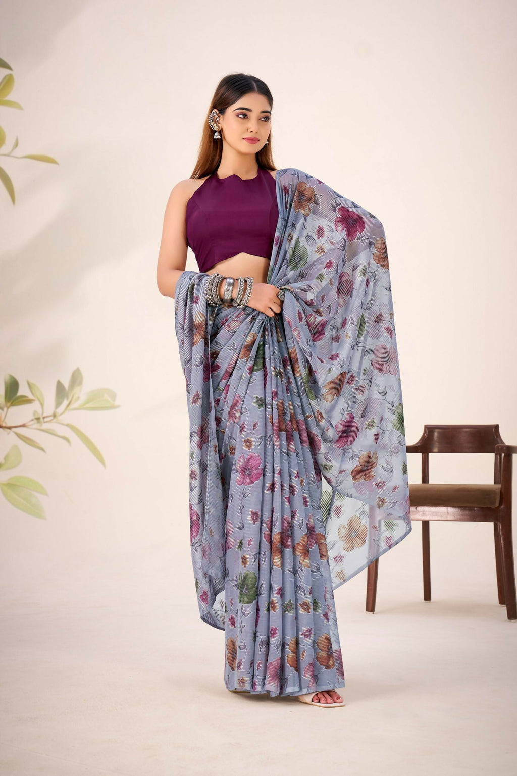 Vastranavya Grey Lurex Brasso Floral Printed Saree with Unstitched Blouse