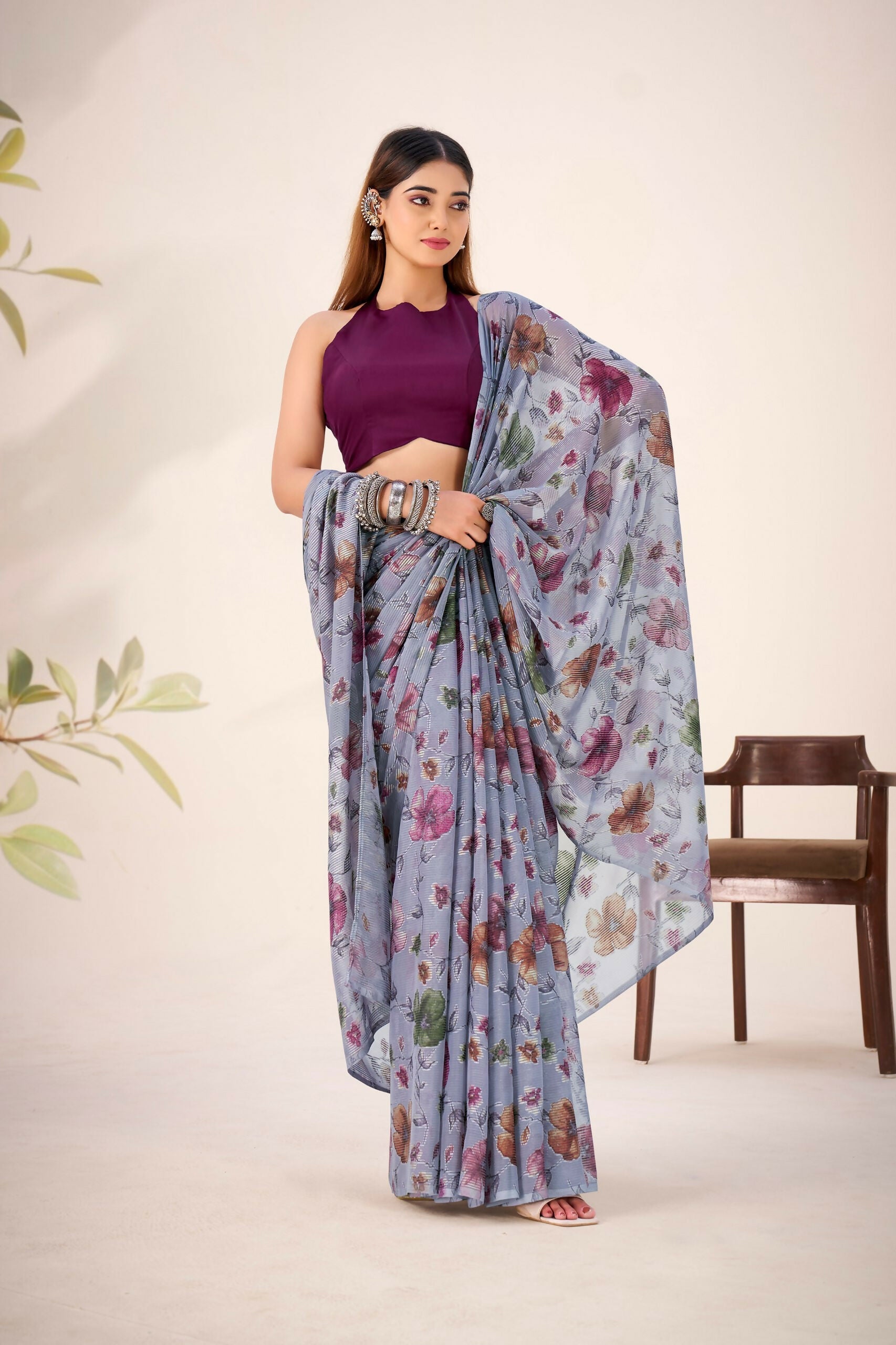 Vastranavya Grey Lurex Brasso Floral Printed Saree with Unstitched Blouse