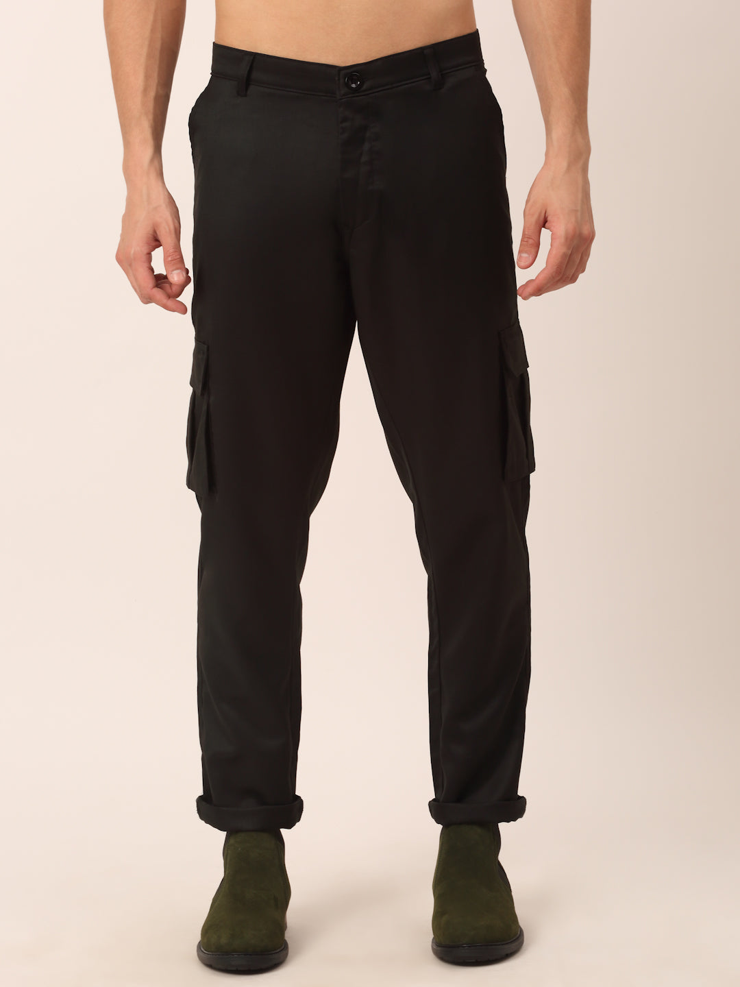 Jainish Men's Casual Cotton Solid Cargo Pants ( KGP 154 Black )