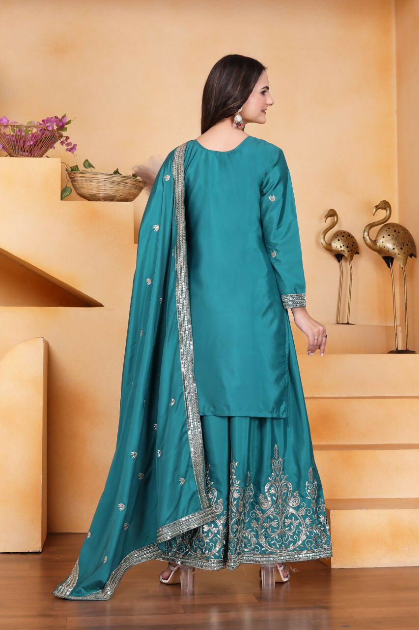 Joban Fashion Teal Crepe Embroidered Sharara Set