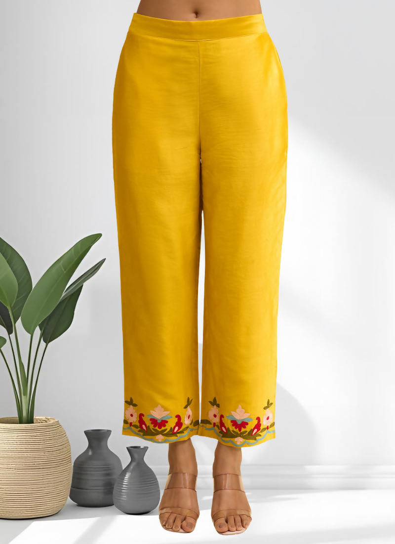 Joban Fashion Yellow Silk Embroidered Readymade Long Kurta With Pant