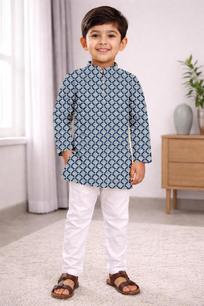 Neera Trendz Blue Cotton Thread Embroidery Kid's Kurta Pajama