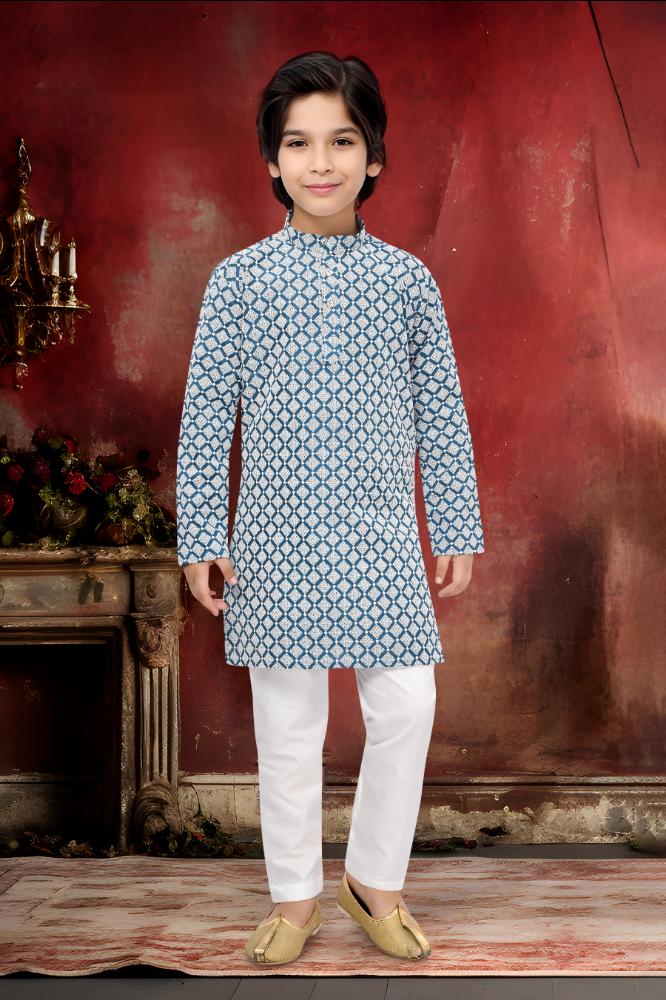 Neera Trendz Blue Cotton Thread Embroidery Kid's Kurta Pajama