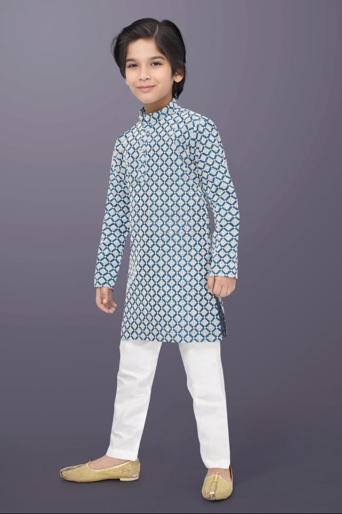 Neera Trendz Blue Cotton Thread Embroidery Kid's Kurta Pajama