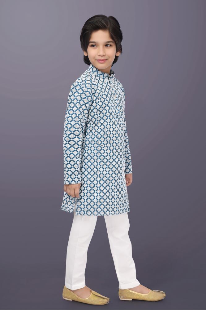 Neera Trendz Blue Cotton Thread Embroidery Kid's Kurta Pajama