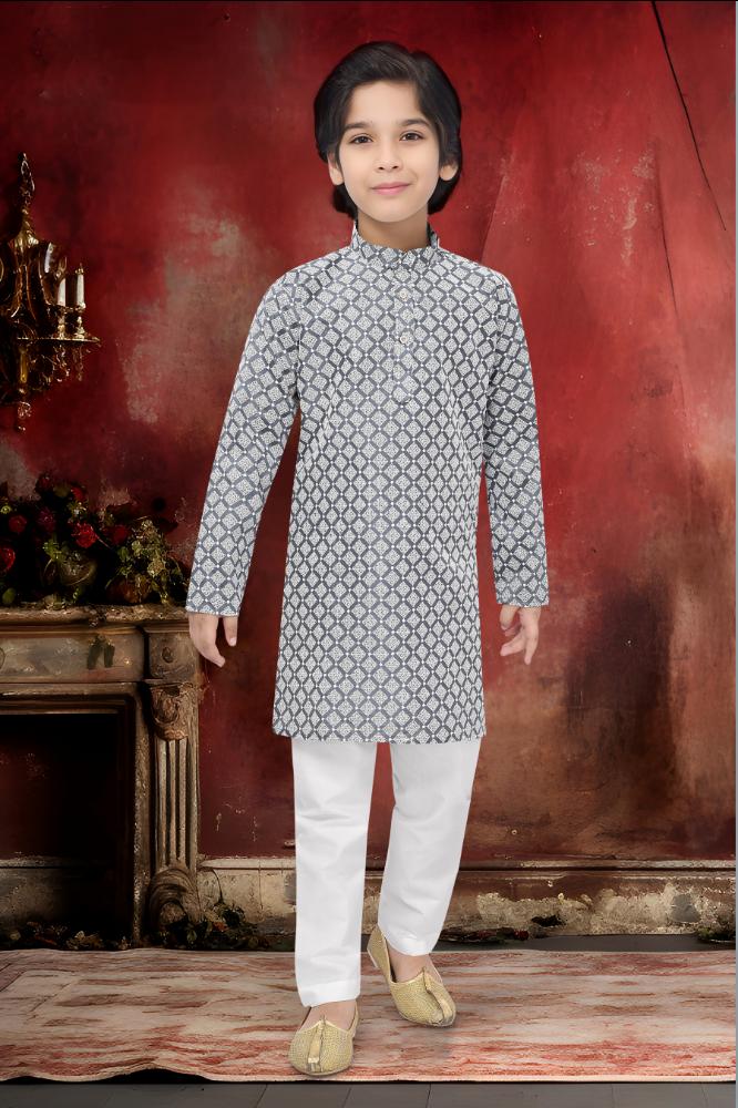Neera Trendz Grey Cotton Thread Embroidery Kid's Kurta Pajama
