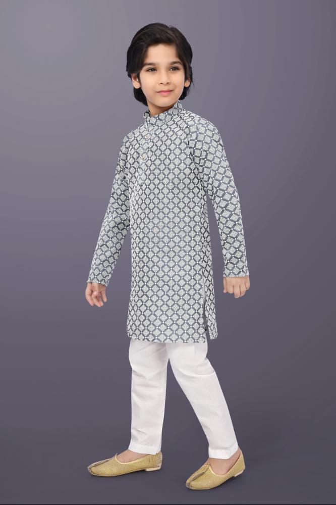 Neera Trendz Grey Cotton Thread Embroidery Kid's Kurta Pajama