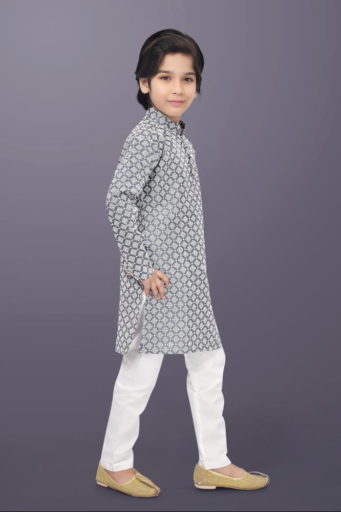 Neera Trendz Grey Cotton Thread Embroidery Kid's Kurta Pajama