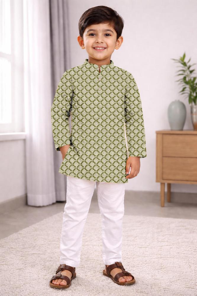 Neera Trendz Olive Cotton Thread Embroidery Kid's Kurta Pajama