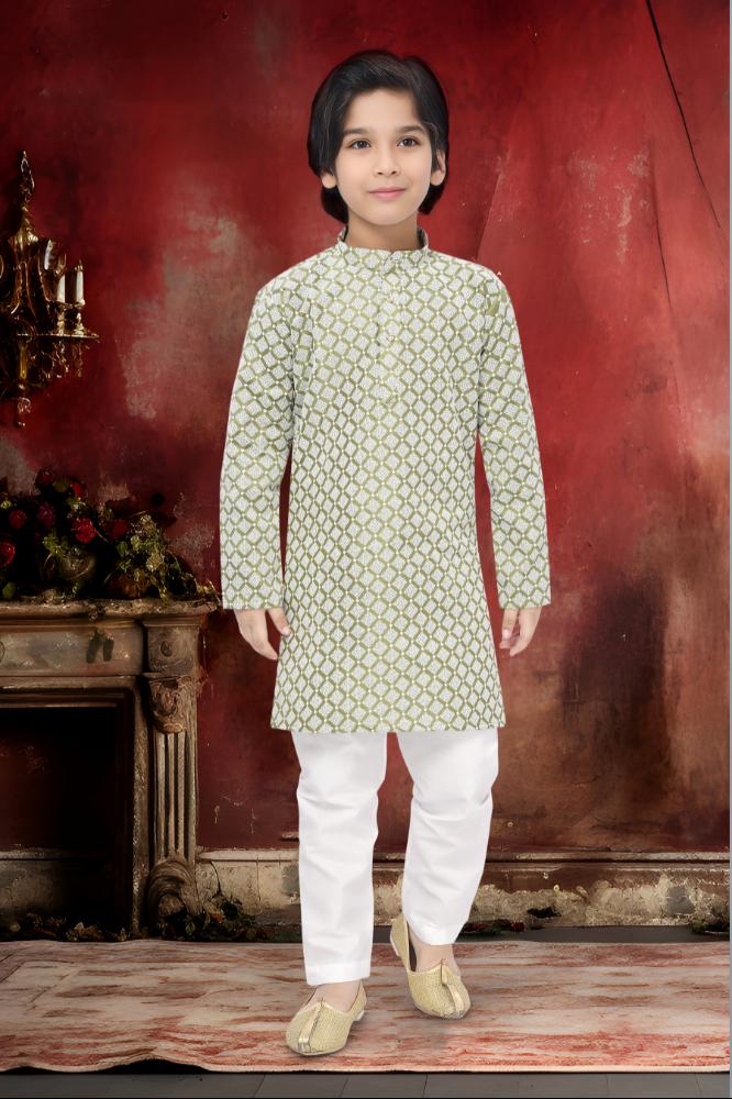 Neera Trendz Olive Cotton Thread Embroidery Kid's Kurta Pajama
