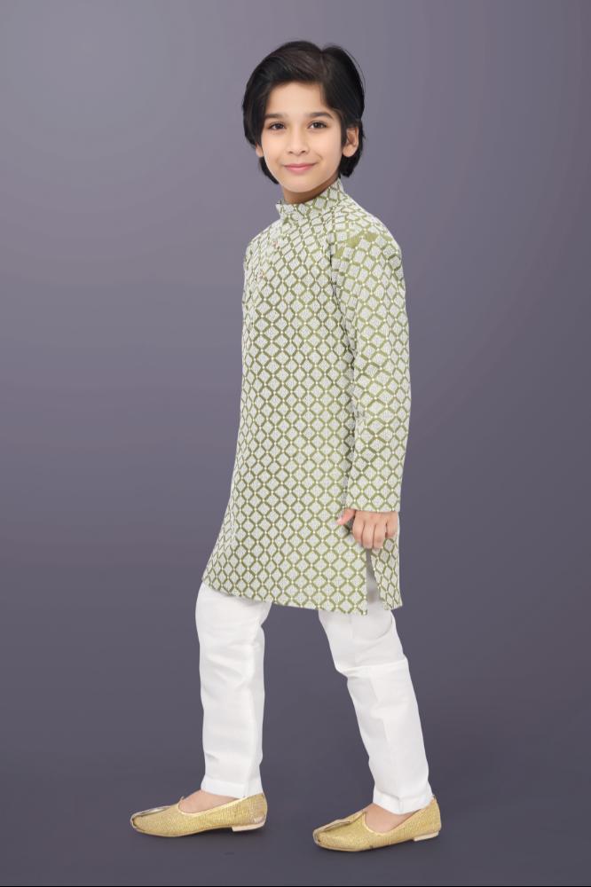 Neera Trendz Olive Cotton Thread Embroidery Kid's Kurta Pajama