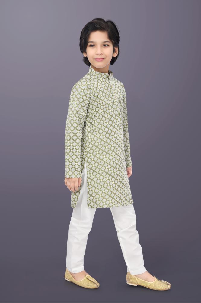 Neera Trendz Olive Cotton Thread Embroidery Kid's Kurta Pajama