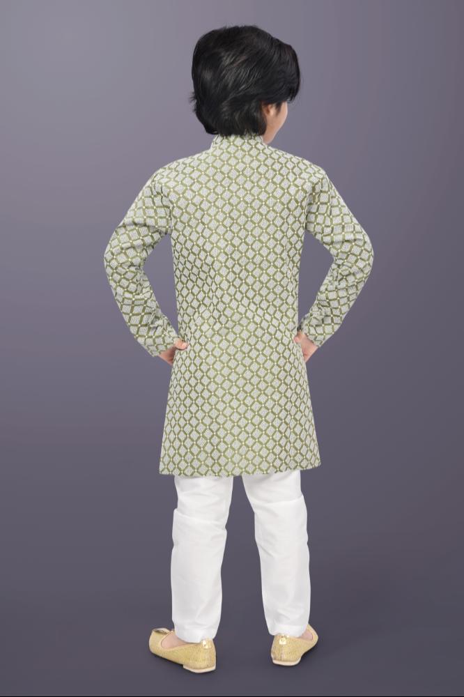 Neera Trendz Olive Cotton Thread Embroidery Kid's Kurta Pajama