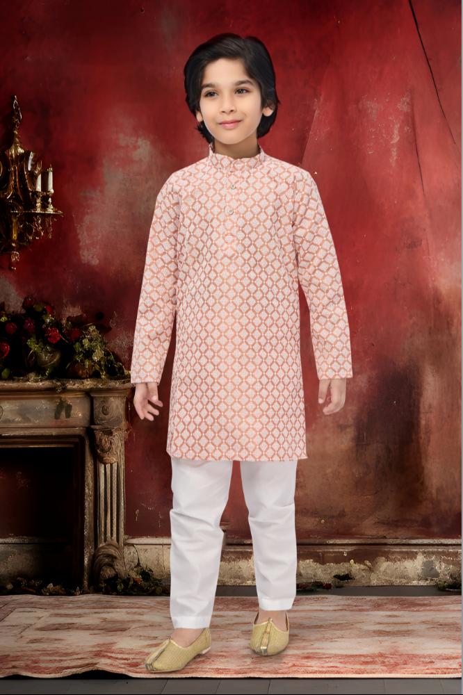 Neera Trendz Peach Cotton Thread Embroidery Kid's Kurta Pajama