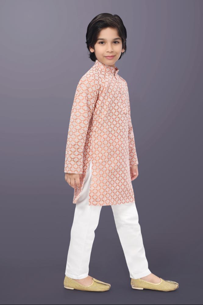 Neera Trendz Peach Cotton Thread Embroidery Kid's Kurta Pajama