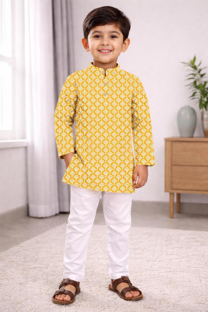 Neera Trendz Yellow Cotton Thread Embroidery Kid's Kurta Pajama