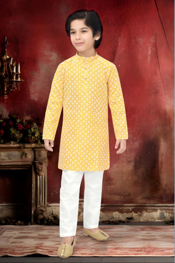 Neera Trendz Yellow Cotton Thread Embroidery Kid's Kurta Pajama