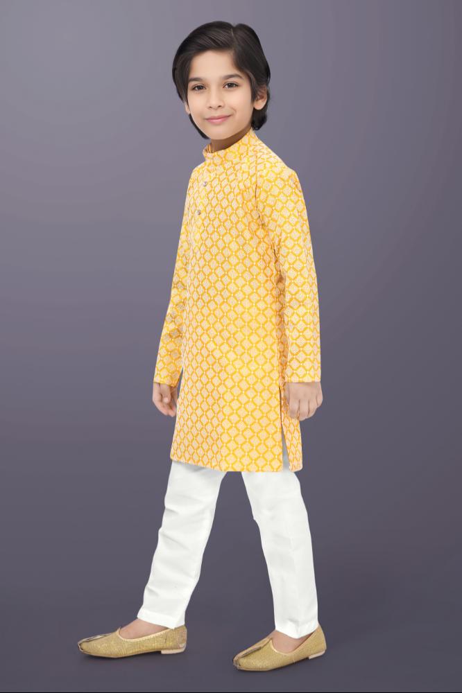 Neera Trendz Yellow Cotton Thread Embroidery Kid's Kurta Pajama
