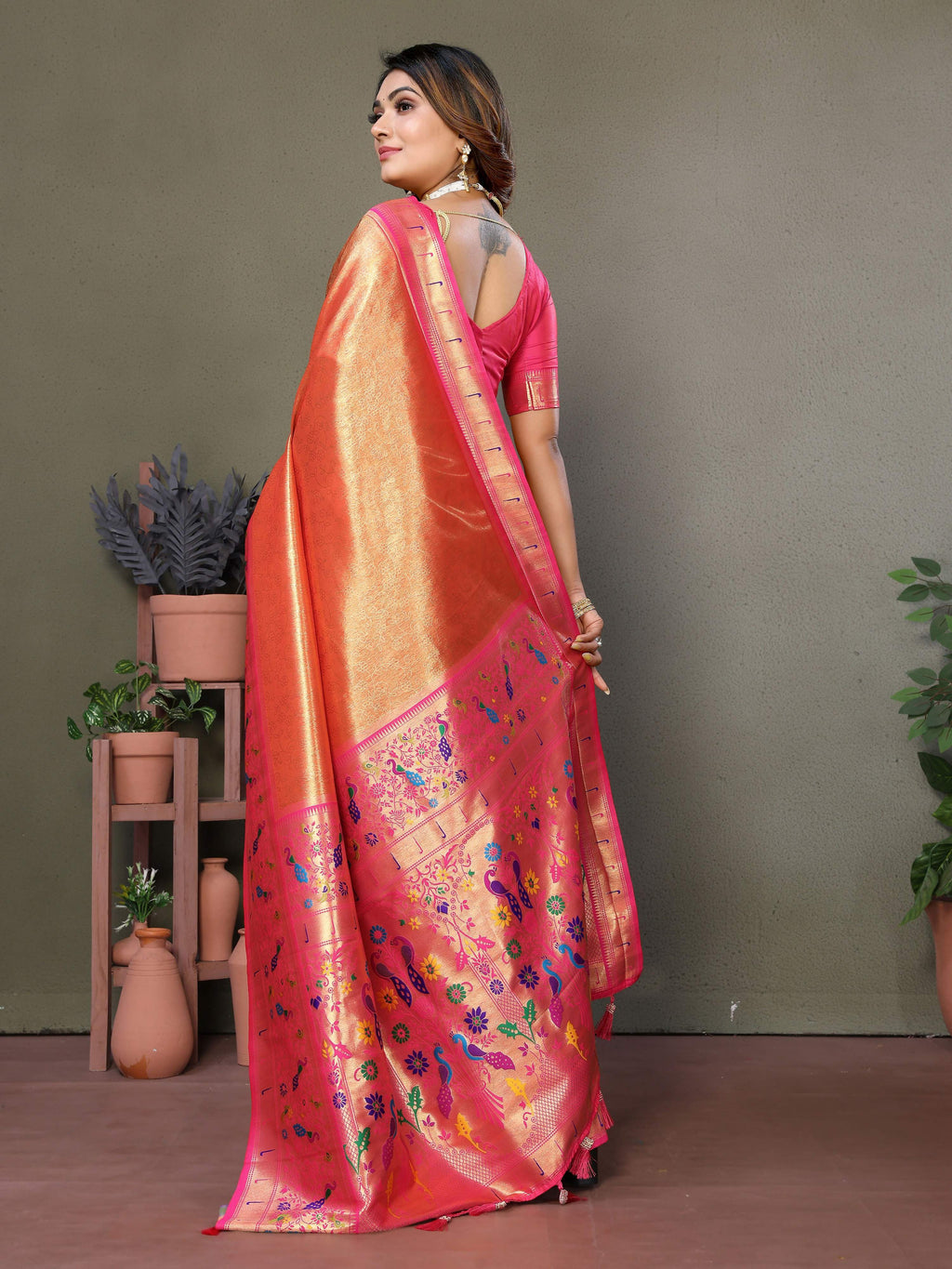 Aastha Fashion Orange Tissue Silk Paithani Woven Saree