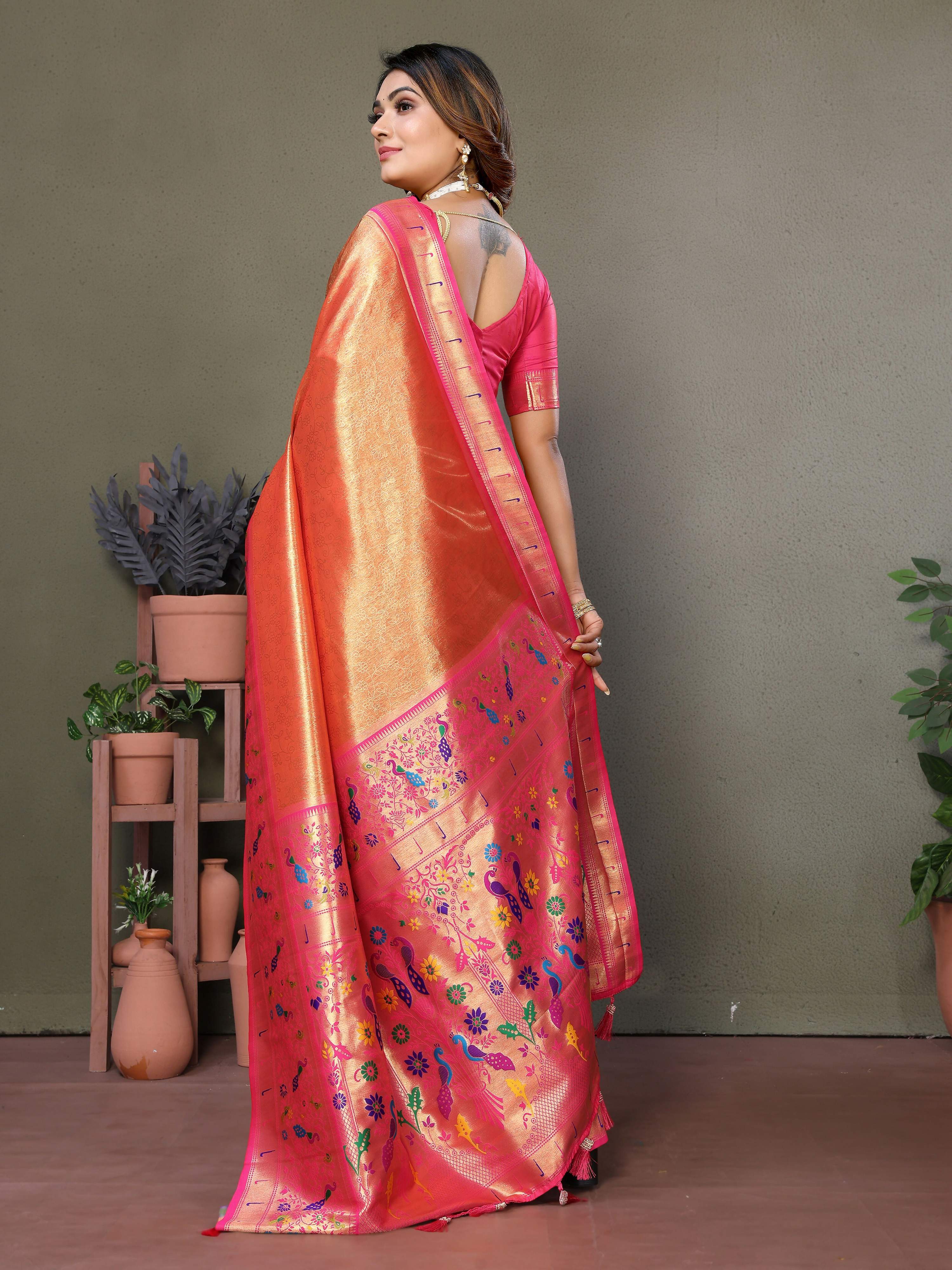 Aastha Fashion Orange Tissue Silk Paithani Woven Saree