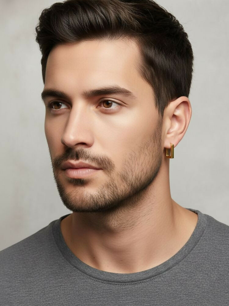 NVR Men's Gold Plated Geomatric Shaped Hoop Earrings