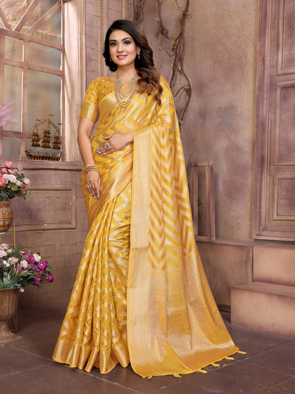 Aastha Fashion Yellow Soft Organza Silk Weaving Saree