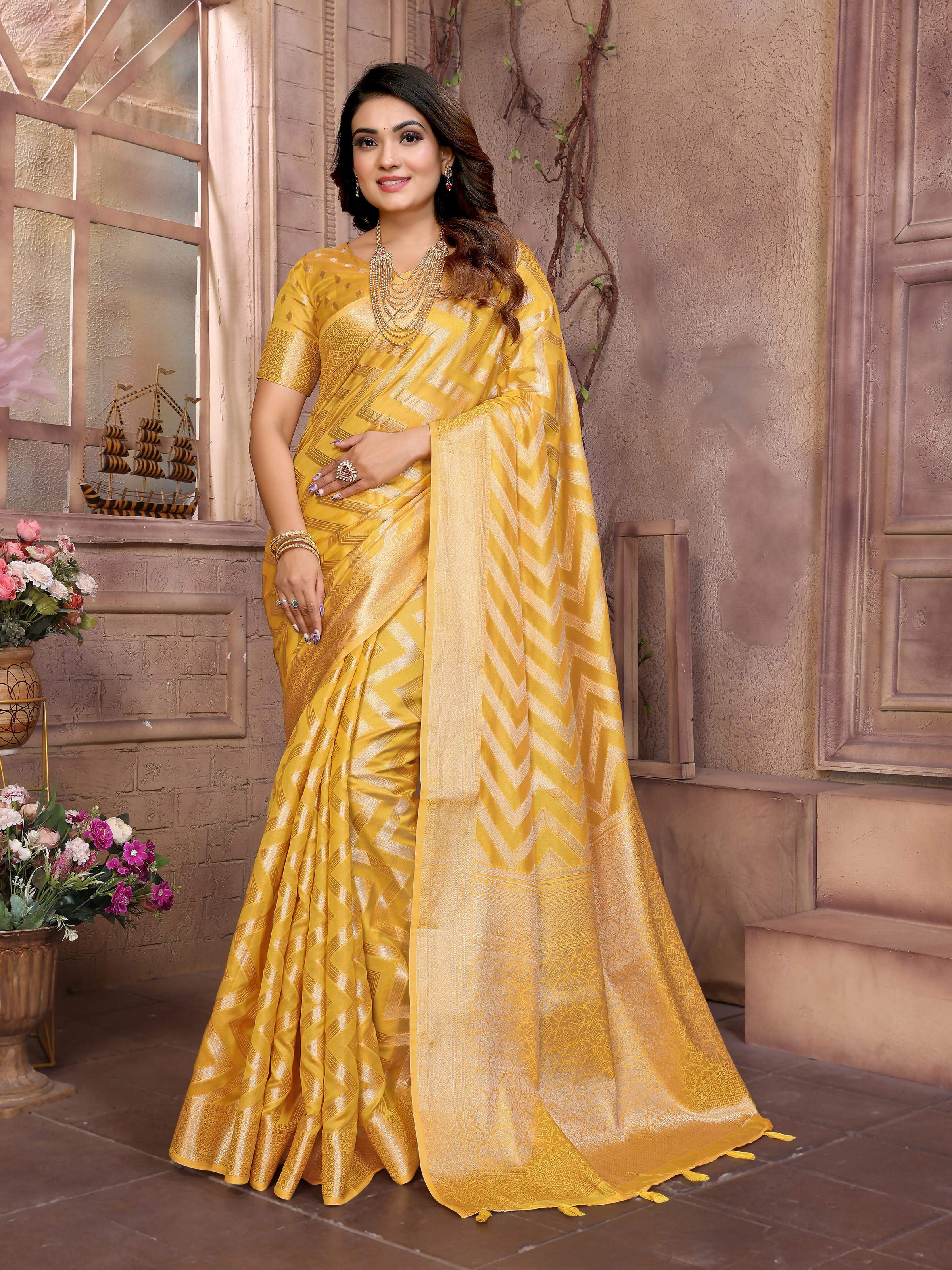 Aastha Fashion Yellow Soft Organza Silk Weaving Saree