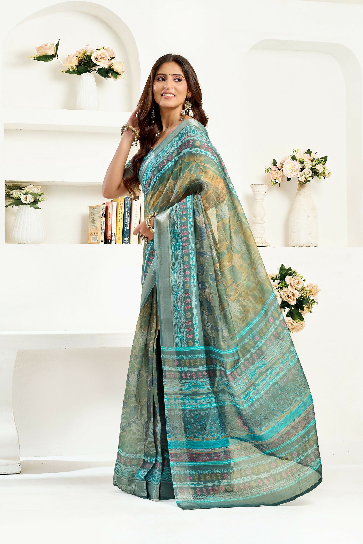 Joban Fashion Petrol Ethinic Motifs Linen Ready To Wear Saree With Unstitched Blouse