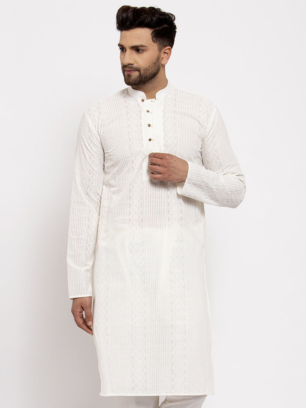 Jompers Men Cream Embroidered Kurta Only