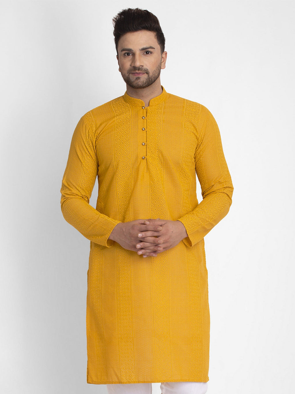 Jompers Men Mustard Embroidered Kurta Only