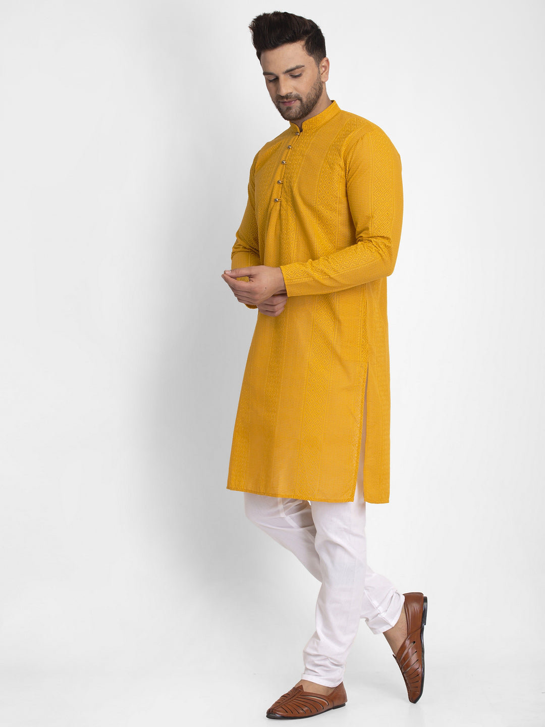 Jompers Men Mustard Embroidered Kurta Only