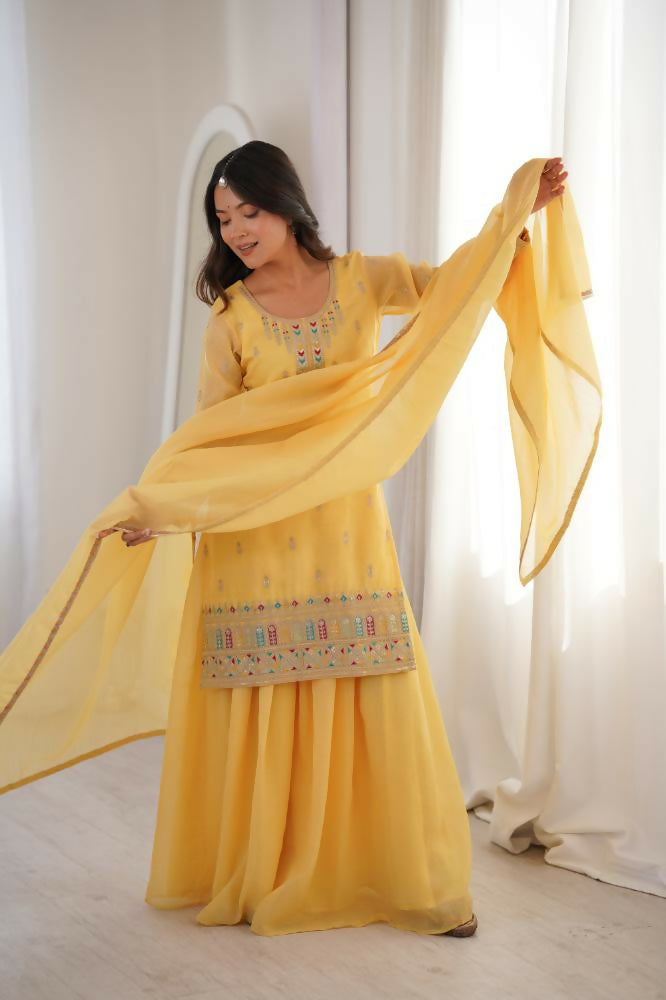 Lehenga Mart Designer Sharara Suit With Kurta, Sharara, Dupatta For Women-Yellow